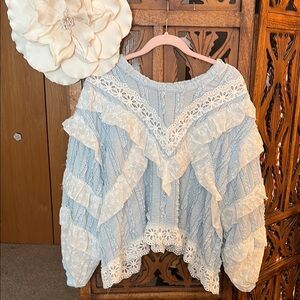 POL Light Blue Lace Ruffle Blouse